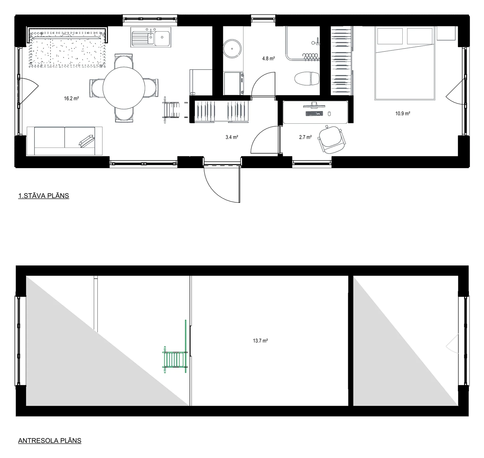 38 m² ar Mansarda stāvu plānojums