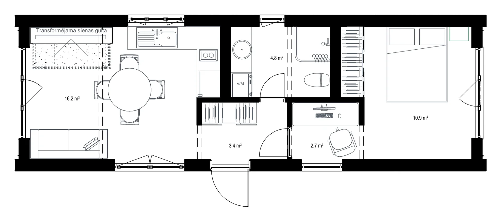 38 m² ar vienu guļamistabu un kabinetu plānojums
