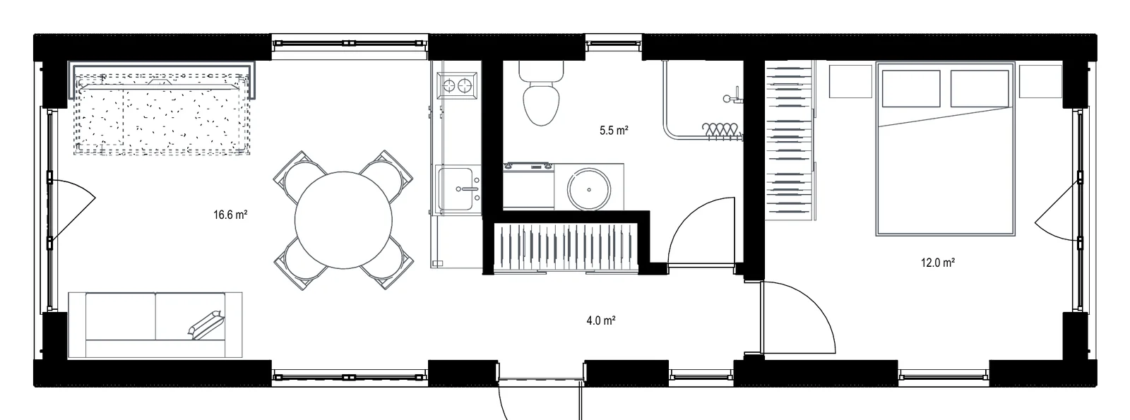 38 m² ar vienu guļamistabu plānojums